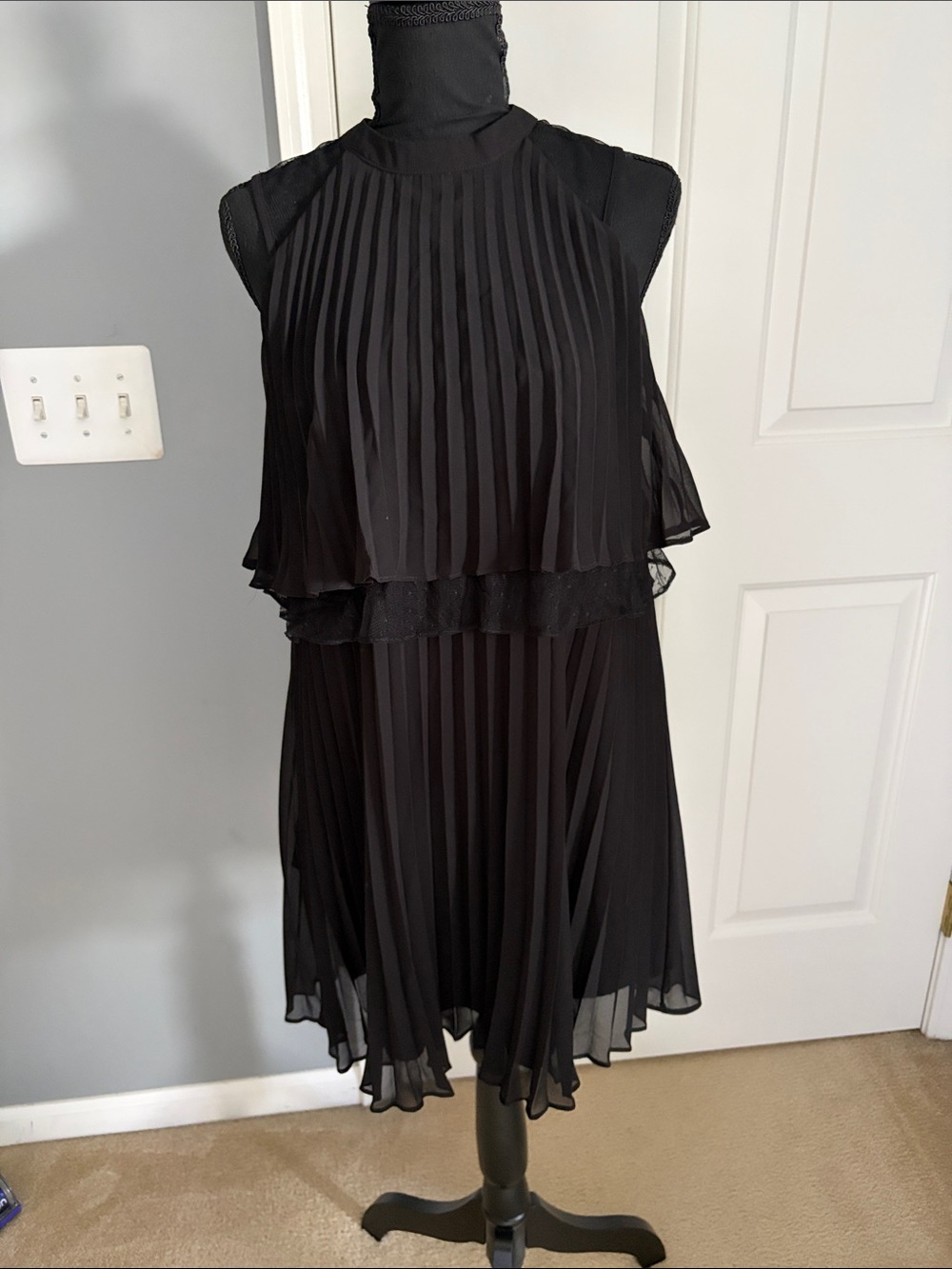 BCBG Generation Black Pleated Halter Dress, Tiered with Lace sleeves